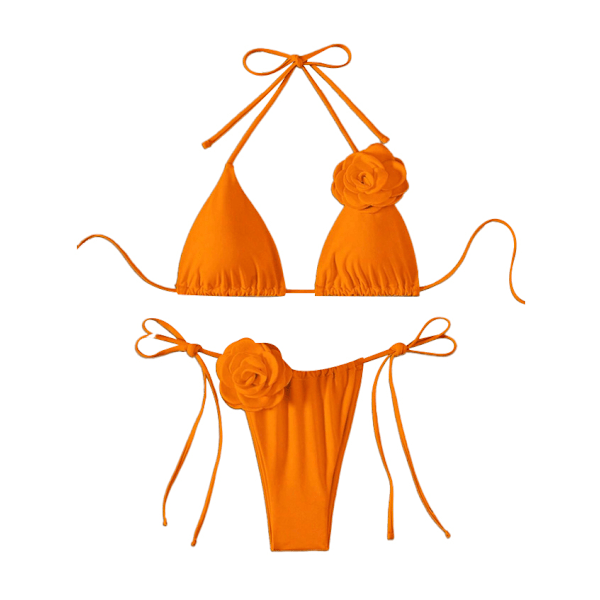 Dam 2-delad 3D Ros Bikini Baddräkt Hög Midja Badkläder Strandkläder Orange L
