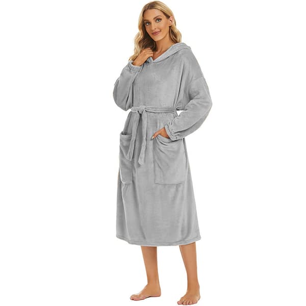 Dobbeltsidet Fleece Hættebadekåbe – Lang Pullover Badekåbe med Bælte til Hjem og Hotel LightGrey