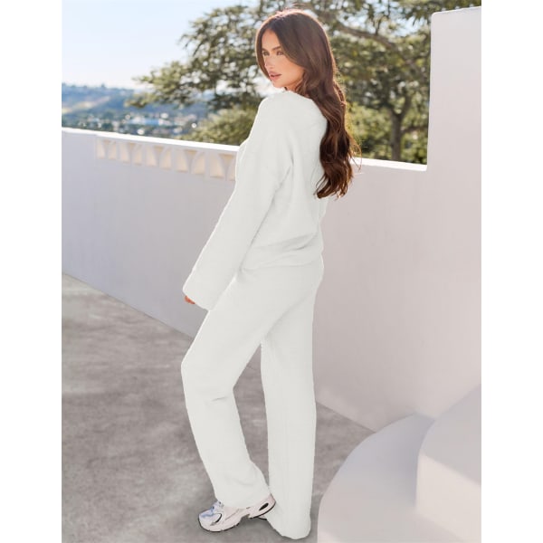 Kvinnors 2-delade outfits Fuzzy Fleece Pyjamas Set Långärmad Loungewear White M
