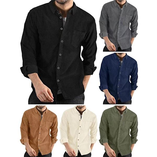 Herrar Corduroy Skjorta Casual Långärmad Knapp-Ner Lätt Jacka grey M