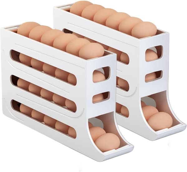 2 st äggställ för kylskåp, äggdispenser med automatisk rullande äggbricka förvaring 30 ägg White 2PCS