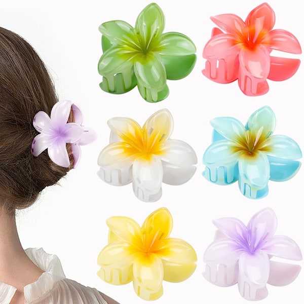 6-pak Blomsterklype for Kvinner, Hawaiiansk Plumeria Blomster Hårklype for Tykt Hår