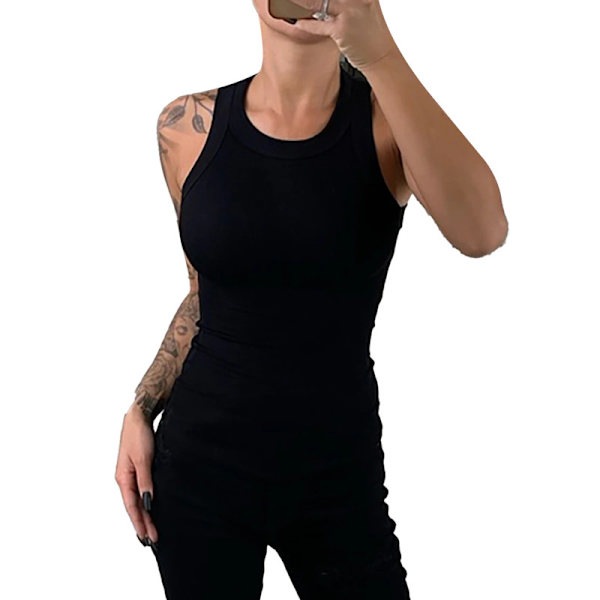 Naisten Yksivärinen Pyöreäkaulainen Ribattu Tank Top Camisole Naisten Kesä O-Kaulainen Tank Top Black M