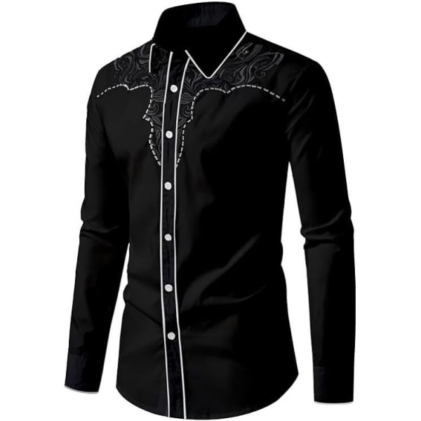 Herr Casual Button Down långärmade broderade skjortor Black 3 L