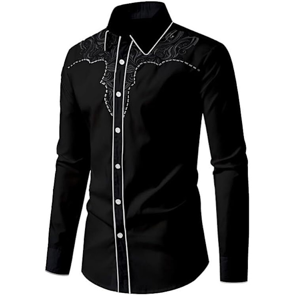 Miesten rento pitkähihainen napitettu paita, jossa on brodeeraus Black 3 2XL