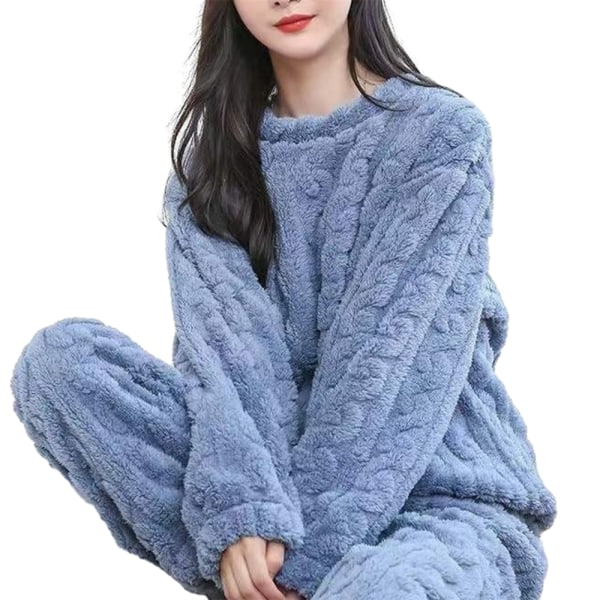 Dam Fleece Pyjamas Set Mjuk nattkläder Kostym Nattkläder Pjs Winter Warm Blue L