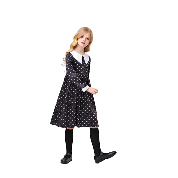 Pige Kjole Sort Blomstermønster Langærmet med Hvid Krave Kostume Cosplay Outfit 150cm
