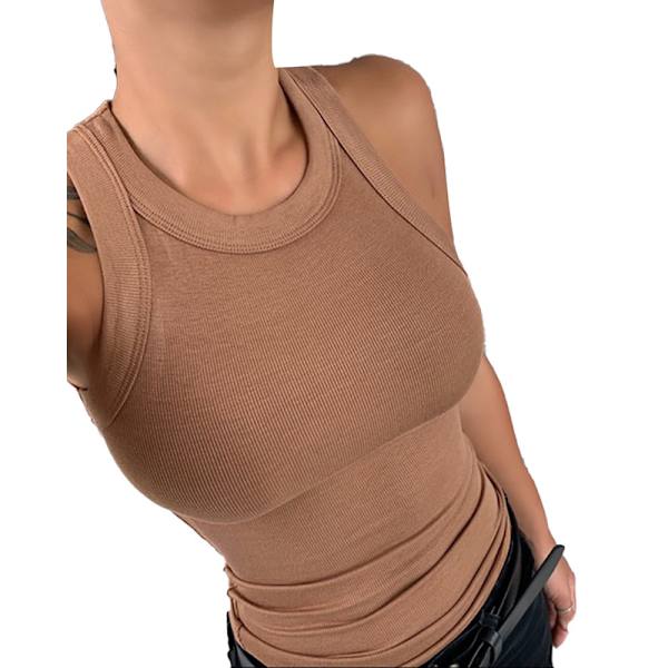 Naisten Yksivärinen Pyöreäkaulainen Ribattu Tank Top Camisole Naisten Kesä O-Kaulainen Tank Top Coffee M