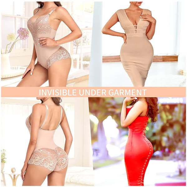 Formande Underkläder för Kvinnor, Tummy Control Thong Bodysuit, V-ringad, Spets, Kroppsshaper, Kompression White 2XL