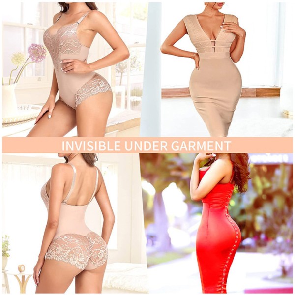 Formande Underkläder för Kvinnor, Tummy Control Thong Bodysuit, V-ringad, Spets, Kroppsshaper, Kompression White L