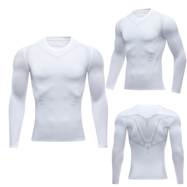 Kompresjonsskjorte for menn, lang erme, trenings-T-skjorte white L