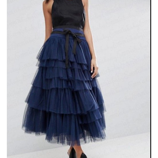Dam Tierad Lager Mesh Balett Bal Klänning Tulle Tutu A-linje Midi Kjol blue L