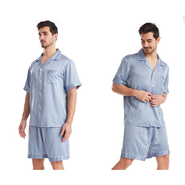Herrar siden satin pyjamas set kortärmad skjorta topp och shorts light grey L
