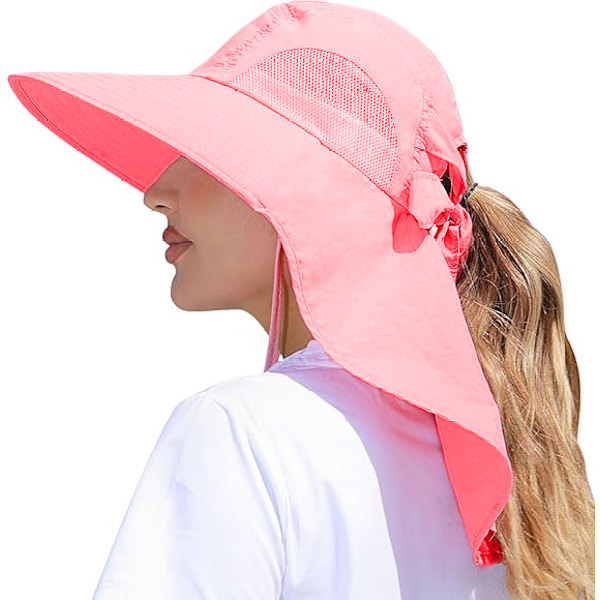 Dam solhatt UV-skydd bred brätte fiskehatt med hästsvanshål nackskydd Pink