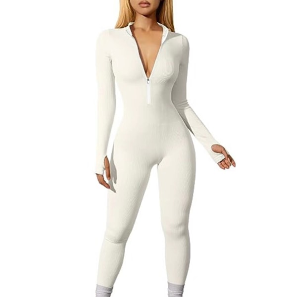 Kvinners Langærmet Ribbet Jumpsuit med Glidelås foran Trening Bodycon Romper white S