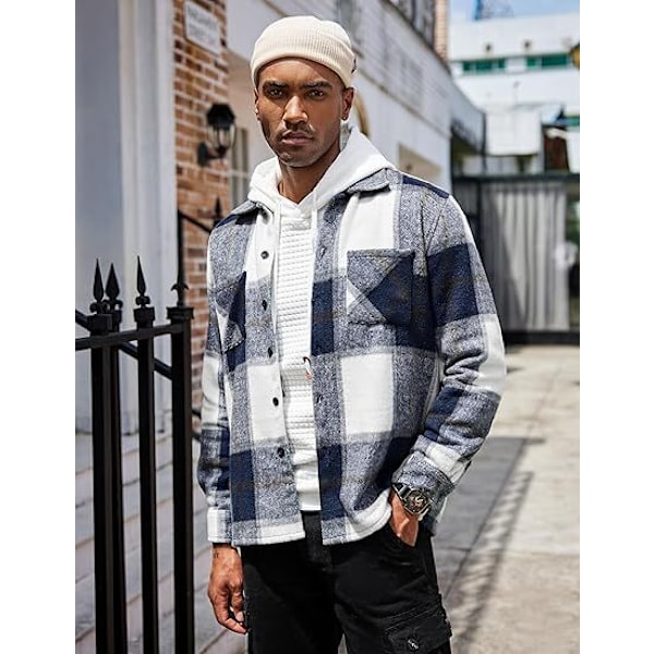 Mænds Flannelskjorte Casual Knapløs Plaid Skjortejakke Blue XL