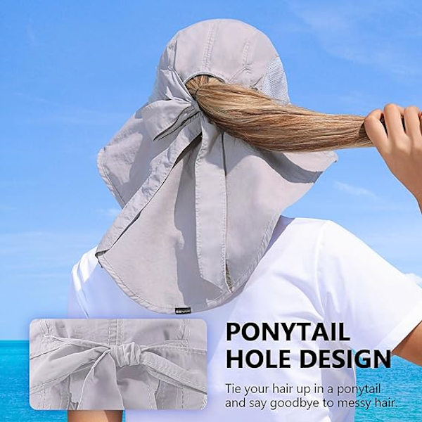 Dam solhatt UV-skydd bred brätte fiskehatt med hästsvanshål nackskydd Light Grey