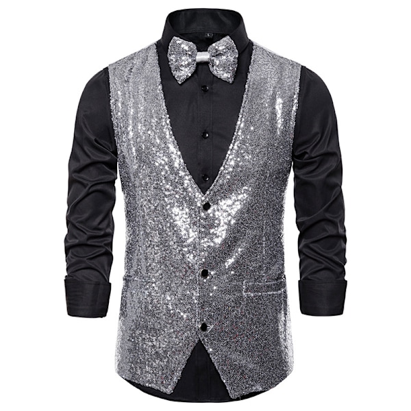 Mænds Skinnende Sequin Vest V-Hals Regular-Fit Festkjole Suit Waistcoat Butterfly 2 Dele silver L