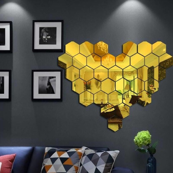 36st 3D-spegel väggdekal Hexagon akryl för hem sovrumsinredning gold
