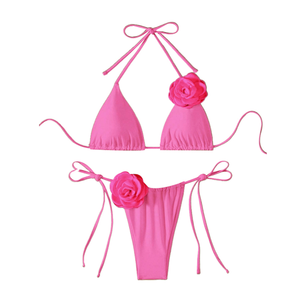 Dam 2-delad 3D Ros Bikini Baddräkt Hög Midja Badkläder Strandkläder Pink L