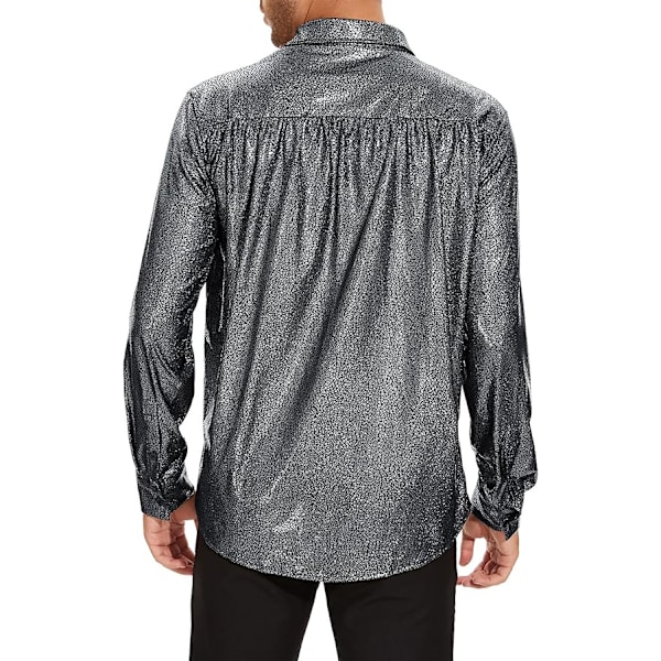 Miesten Kiiltävät Pitkähihaiset Yksiväriset Napit Paidat silver 2XL