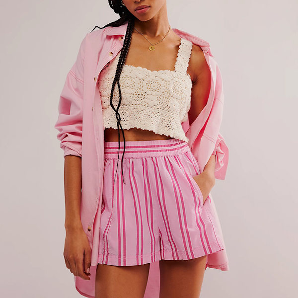 Randiga Boxer Shorts för Kvinnor, Elastisk Hög Midja, Pyjamasbyxor, Y2K Shorts, Nattkläder Pink M
