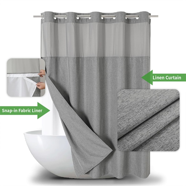 Duschdraperi i Linne med Texturerad Yta och Snap-in Foder, Inga Krokar Behövs grey 71W*74H