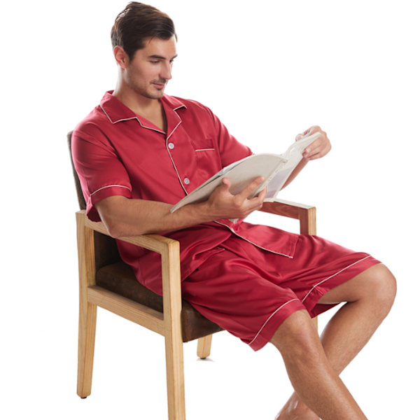 Herrar siden satin pyjamas set kortärmad skjorta topp och shorts red L