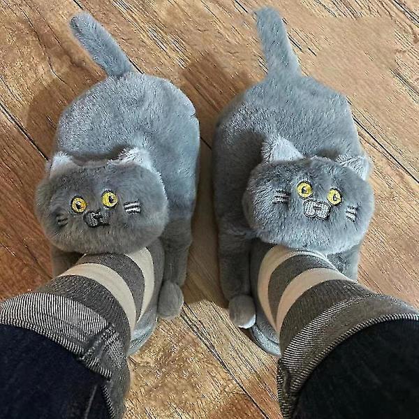 Damtofflor i plysch katt, tofflor för par, Mjuka Anti-Slip Blå Grey 34