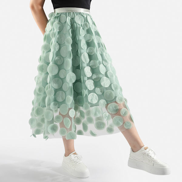 Tullkjol Kvinnor 3D Polka Dot Mesh Flytande A-Linje Midi Kjolar green