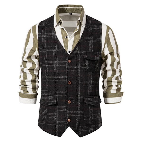Herre Vest til Bryllup Plaid Blød Uld Tweed Vest black XL