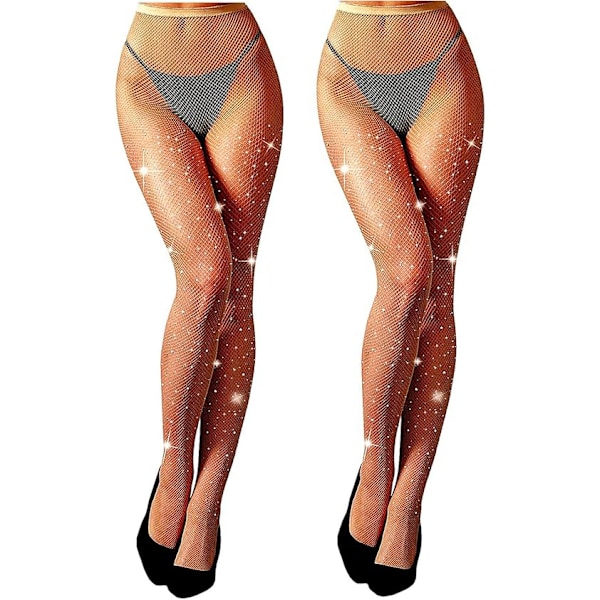 2 stk Glitrende Fiskenett Strømper For Kvinner, Rhinestone Fiskenett Strømpebukser grey