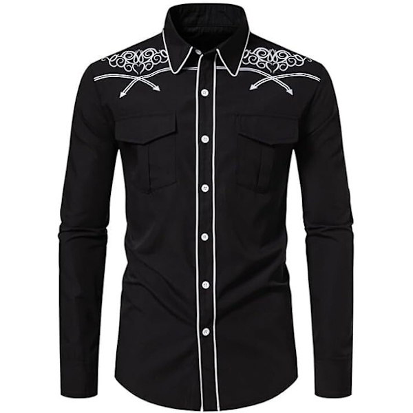 Miesten rento pitkähihainen napitettu paita, jossa on brodeeraus Black 1 2XL