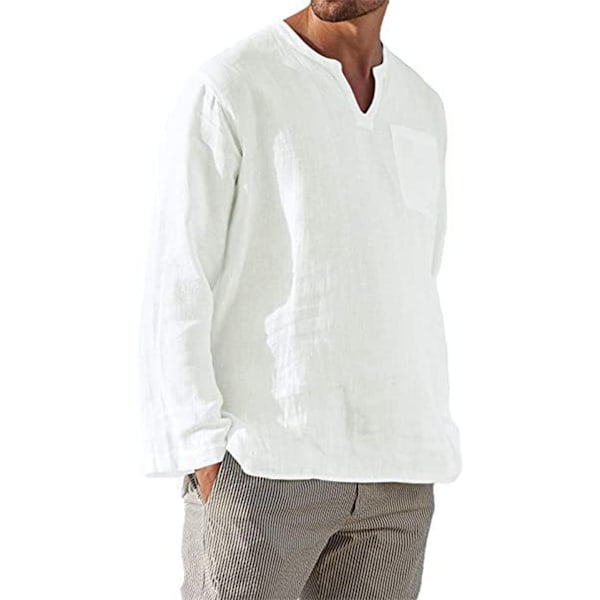 Mænds Hør-Bomuld Henley Skjorte Langærmet Strandskjorte white 2XL