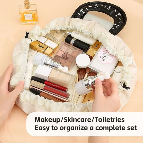 Flat Makeup Bag med Trekkstreng, Bærbar Lazy Pull String Magic Kosmetikkveske White