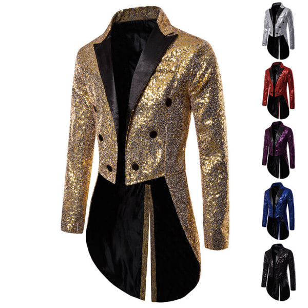 Mænds Sequin Halvfrakke Svalehale Suit Jakke Party Show Smoking Kjole Frakke Blazer gold XL