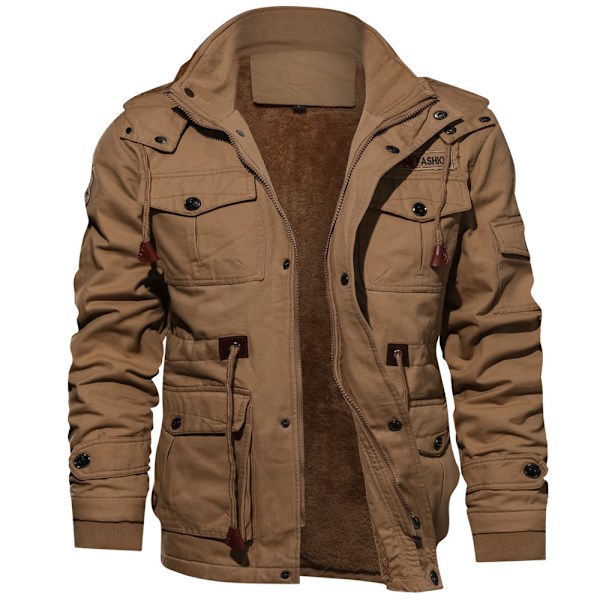 Herrar Vinterjacka Fleecefodrad Tjock Arbetsjacka Varma Cargojackor med Huva khaki 4XL