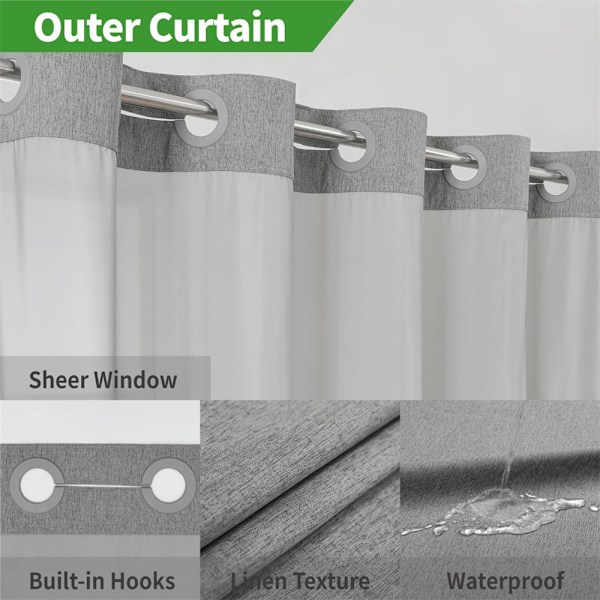 Dusjforheng i lin med tekstur, uten behov for kroker, med snap-in stoffforingsett grey 71W*74H