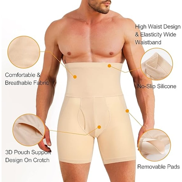Män Shapewear Shorts med Magkontroll Hög Midja Slankare Kroppsshaper beige M