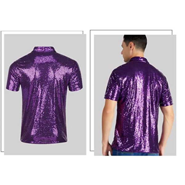 Menners Skinnende Sekvens Kort Ermet Turndown Glitter Polo T-skjorte Purple L