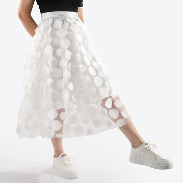 Tullkjol Kvinnor 3D Polka Dot Mesh Flytande A-Linje Midi Kjolar white