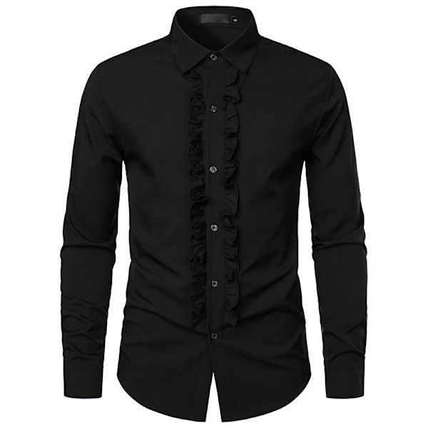 Mænds Smokingsskjorte Slim Fit Rufflet Bryllup Middag Toppe Skjorter black L