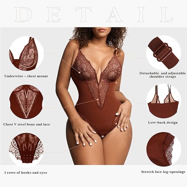 Popilush Lace Shapewear Bodysuit Kvinner V-hals Mage Body Suit T-truser Brown 2XL