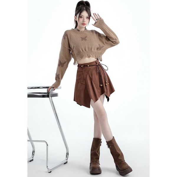 Dame Faux Suede Mini Skjørt A-Linje Asymmetrisk Flydende Puffle Skater Skørter brown M