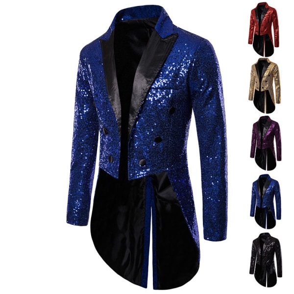 Herr paljettfrack Swallowtail kostymjacka Party Show Tuxedo Dress Coat Blazer blue M