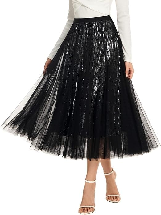 Sequin Lang Tulle Skjørt Lagdelt Flydende Fe-Glitter Mesh Skørter