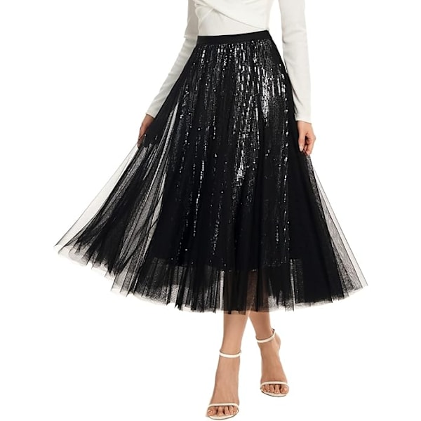 Sequin Lang Tulle-Skjørt Lagdelt Flytende Fe-Glitter Mesh Skjørt