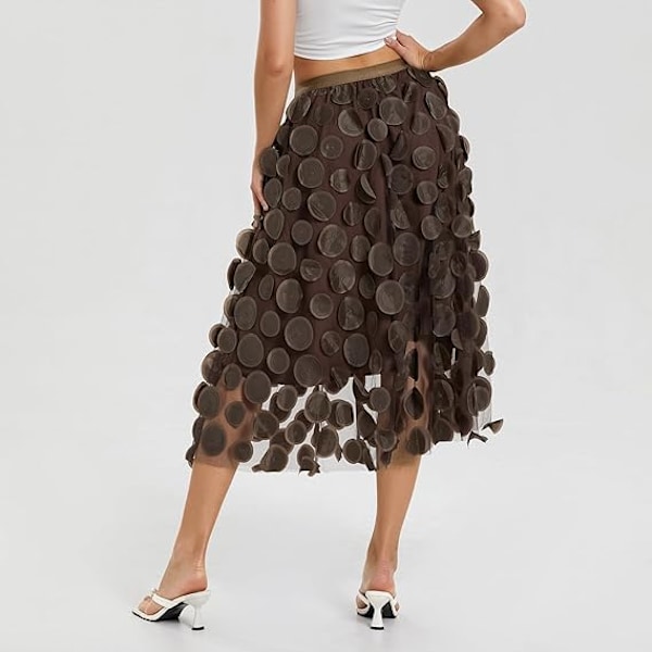 Tulle Skjørt Kvinder 3D Polka Dot Elastisk Talje Mesh Midi Skørter brown