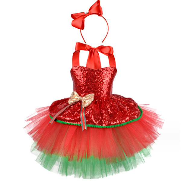 Piges Jule-Dansedragt med Pailletter, Ballet Tutu Kjole med Pandebånd Red XL