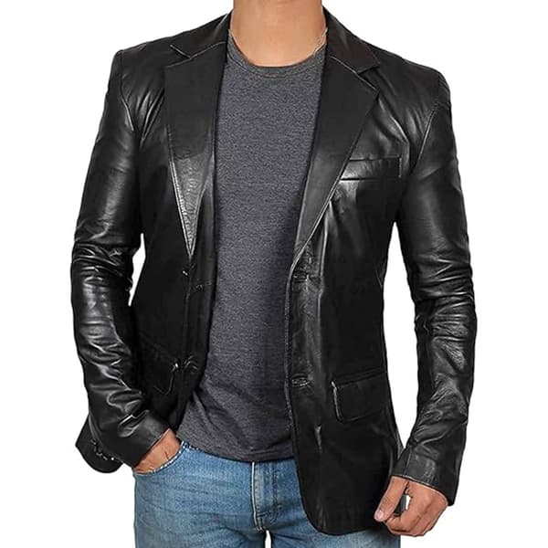 Läder Blazer för män, PU Lammskin Casual Herr Läderjacka Rockar black 2XL